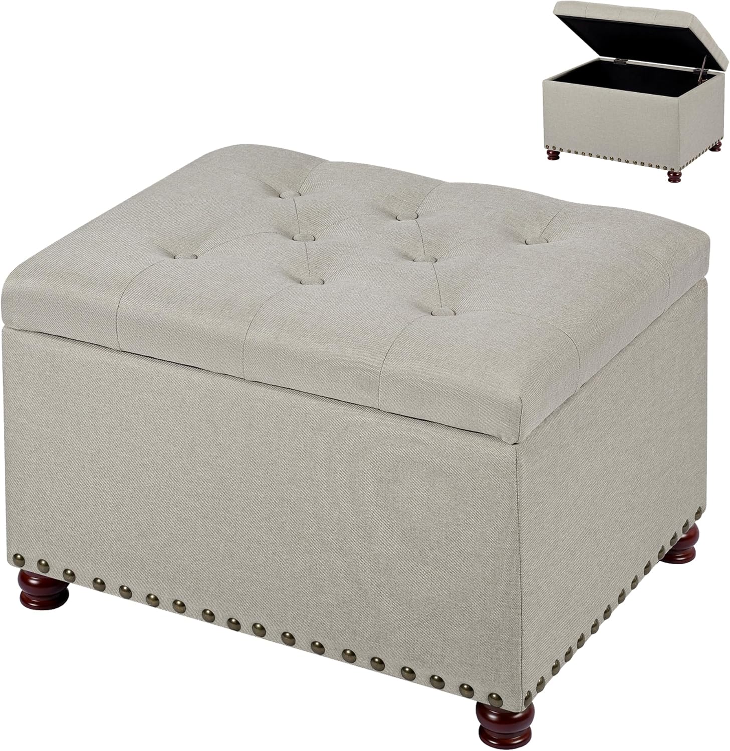 Storage Ottoman, 24" Linen Fabric Rectangle Bench Foot Rest Stool, Fabric Footrest Ottomans with Storage, Storages Seats for Living Room, Bedroom, Office