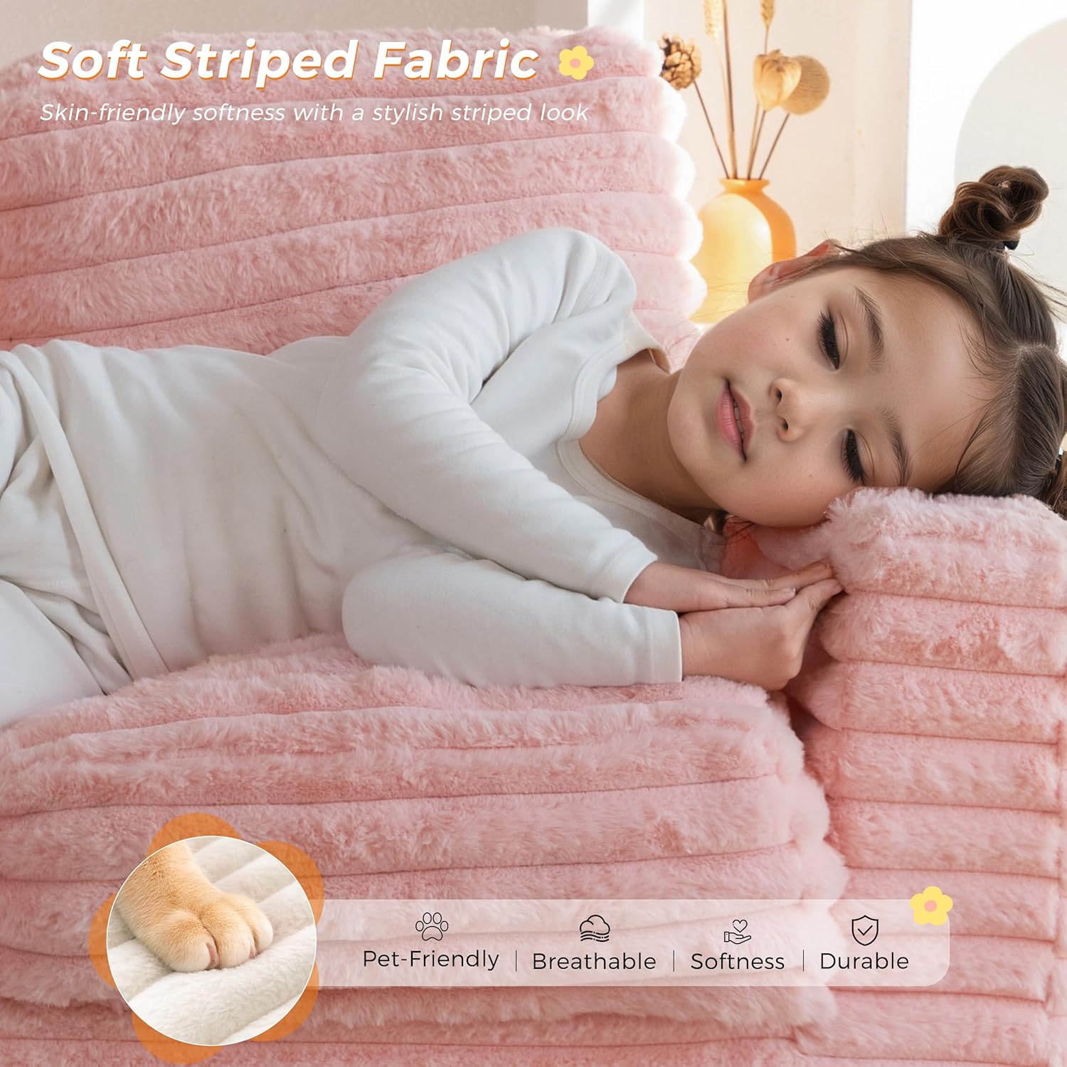 MAXYOYO Extra Wide Kids Bean Bag Chair, Comfy Faux Fur Bean Bag Sofa with Filler, Upholstered Floor Sofa with Pillows and Armrests, Lazy Floor Chair Couch for Boys and Girls, Pink