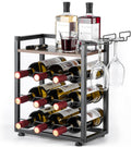 Wooden Countertop Wine Rack with Tray, Freestanding Wine Bottle Holder for 9 Bottles & 2 Glasses, Rustic Wine Stand for Home, Bar, Kitchen, Wine Cellar