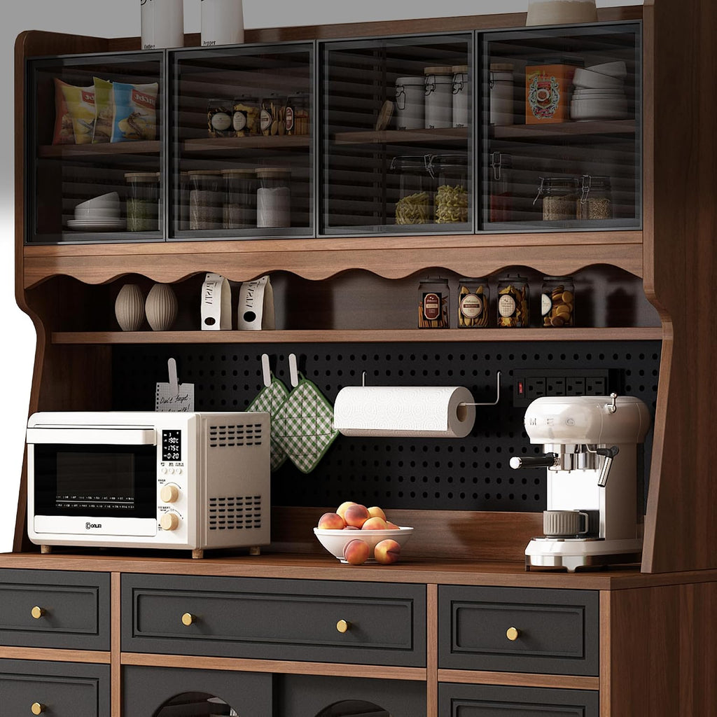 63" W Farmhouse Buffet Cabinet with Hutch, Freestanding Coffee Bar Sideboard with 6 Drawers, 4 Cabinets, Adjustable Shelves, Pegboard and Power Outlet for Dining Room Storage Cabinet,Brown Black
