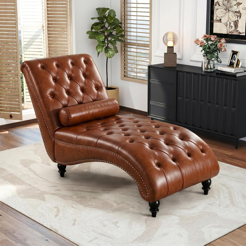 Faux Leather Chaise Lounge Indoor with Toss Pillow, Modern Chaise Lounge Chair, Upholstered PU Armless Ergonomic Chairs with Tufted Buttons and Nail Heads for Living Room, Bedroom Furniture, Brown