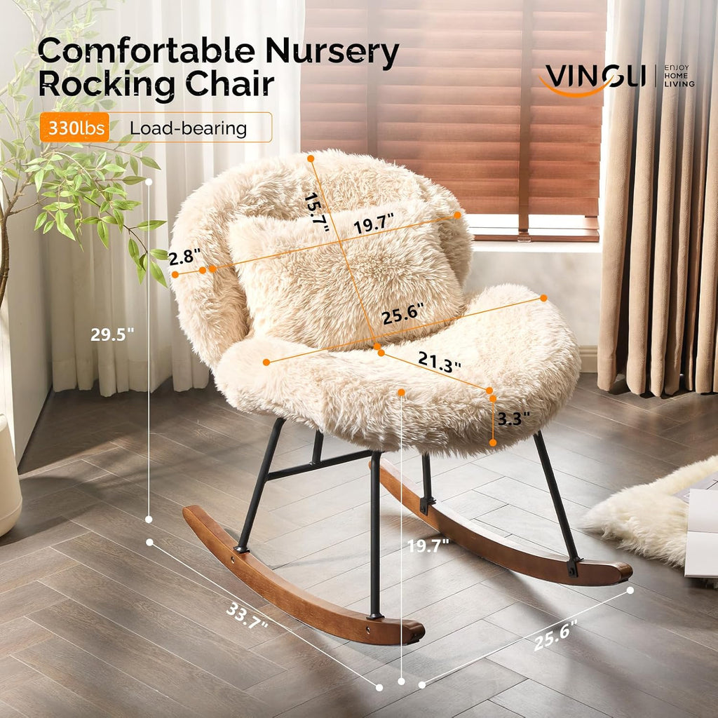 VINGLI 25.6" Extra Wide Criss Cross Nursery Rocking Chair,Cute Curved 115° Reclining Armless Glider,Plush Small Rocker w/Pillow & Solid Wood for Indoor,Bedroom, Living Room,Fluffy Fleece,Sandy Beige