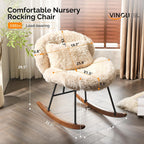 VINGLI 25.6" Extra Wide Criss Cross Nursery Rocking Chair,Cute Curved 115° Reclining Armless Glider,Plush Small Rocker w/Pillow & Solid Wood for Indoor,Bedroom, Living Room,Fluffy Fleece,Sandy Beige