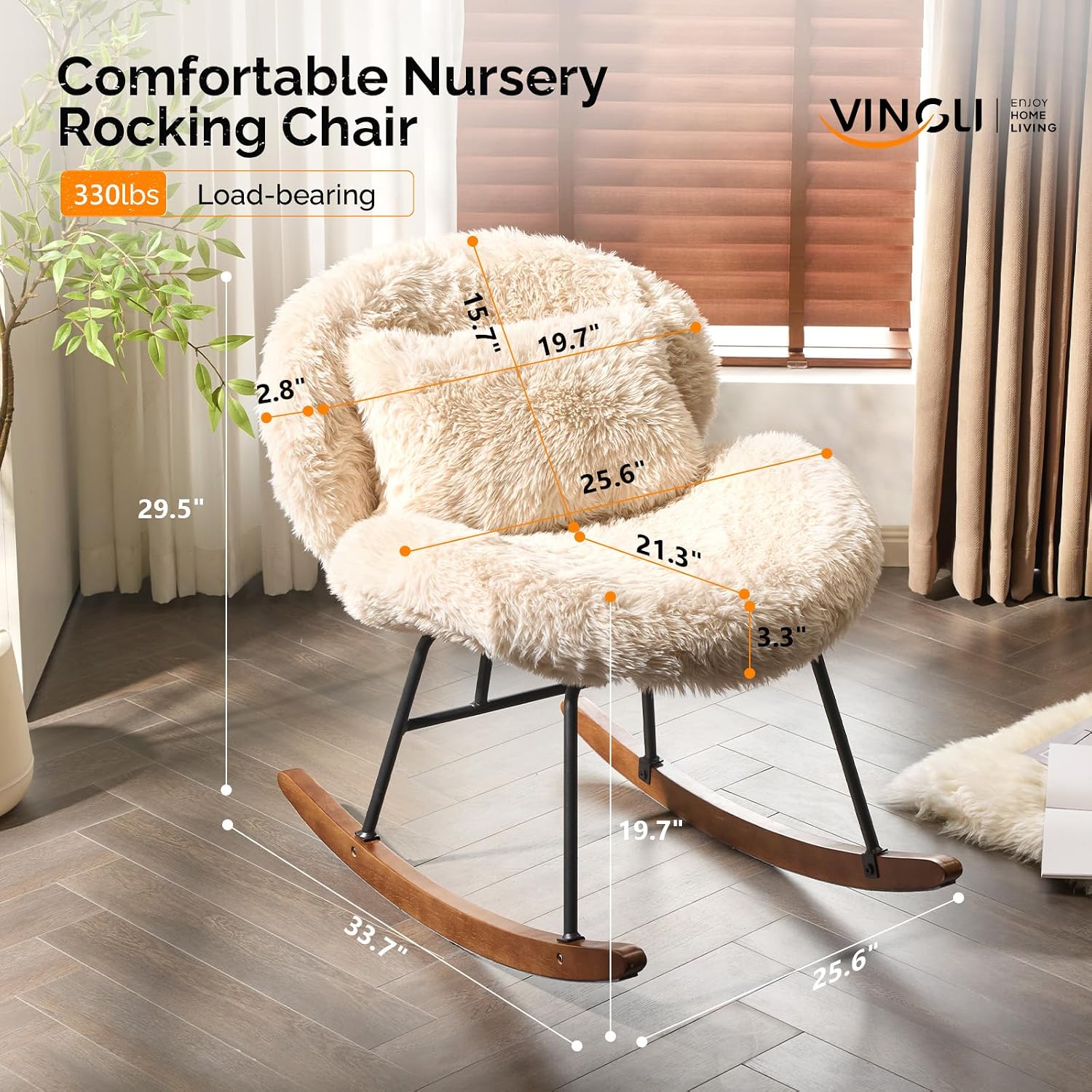 VINGLI 25.6" Extra Wide Criss Cross Nursery Rocking Chair,Cute Curved 115° Reclining Armless Glider,Plush Small Rocker w/Pillow & Solid Wood for Indoor,Bedroom, Living Room,Fluffy Fleece,Sandy Beige