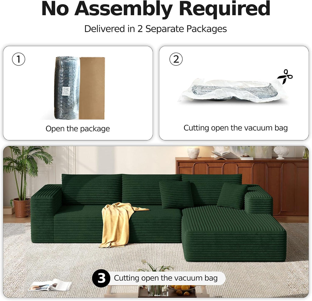 MoonSpeak 107" Sectional Boneless Couches for Living Room.Deep Seat Corduroy L Shaped Modular Sofa.Cloud Sectional Sofa.Upholstered Couches with Oversized Chaise(Green,Right Chaise)