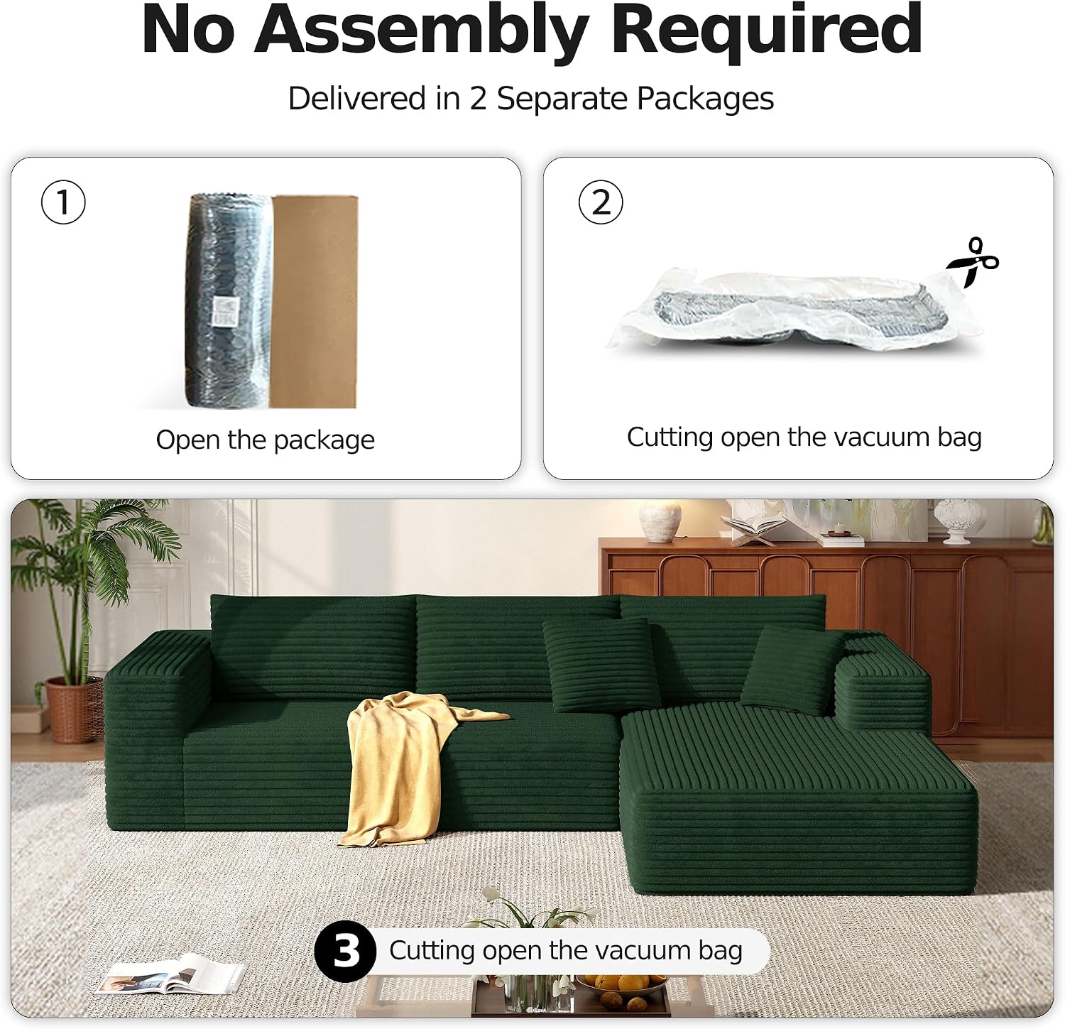 MoonSpeak 107" Sectional Boneless Couches for Living Room.Deep Seat Corduroy L Shaped Modular Sofa.Cloud Sectional Sofa.Upholstered Couches with Oversized Chaise(Green,Right Chaise)
