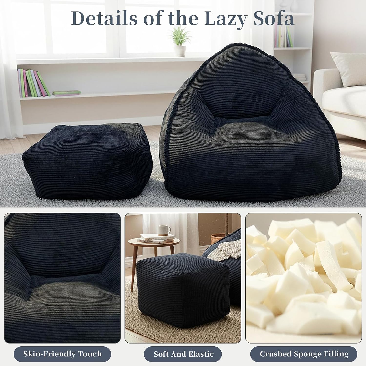 WHGBJA 4FT Bean Bag Chair for Adults/Kids with Ottoman,35D Memory Foam Filled,Cozy Fluffy Gaming Chair for Living Room, Bedroom (Black)