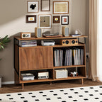 Large Record Player Stand with Charging Station, Vinyl Record Stand with Storage Holds Up to 150 Albums, Record Player Table Cabinet Turntable Stand for Living Room, Bedroom (Walnut)