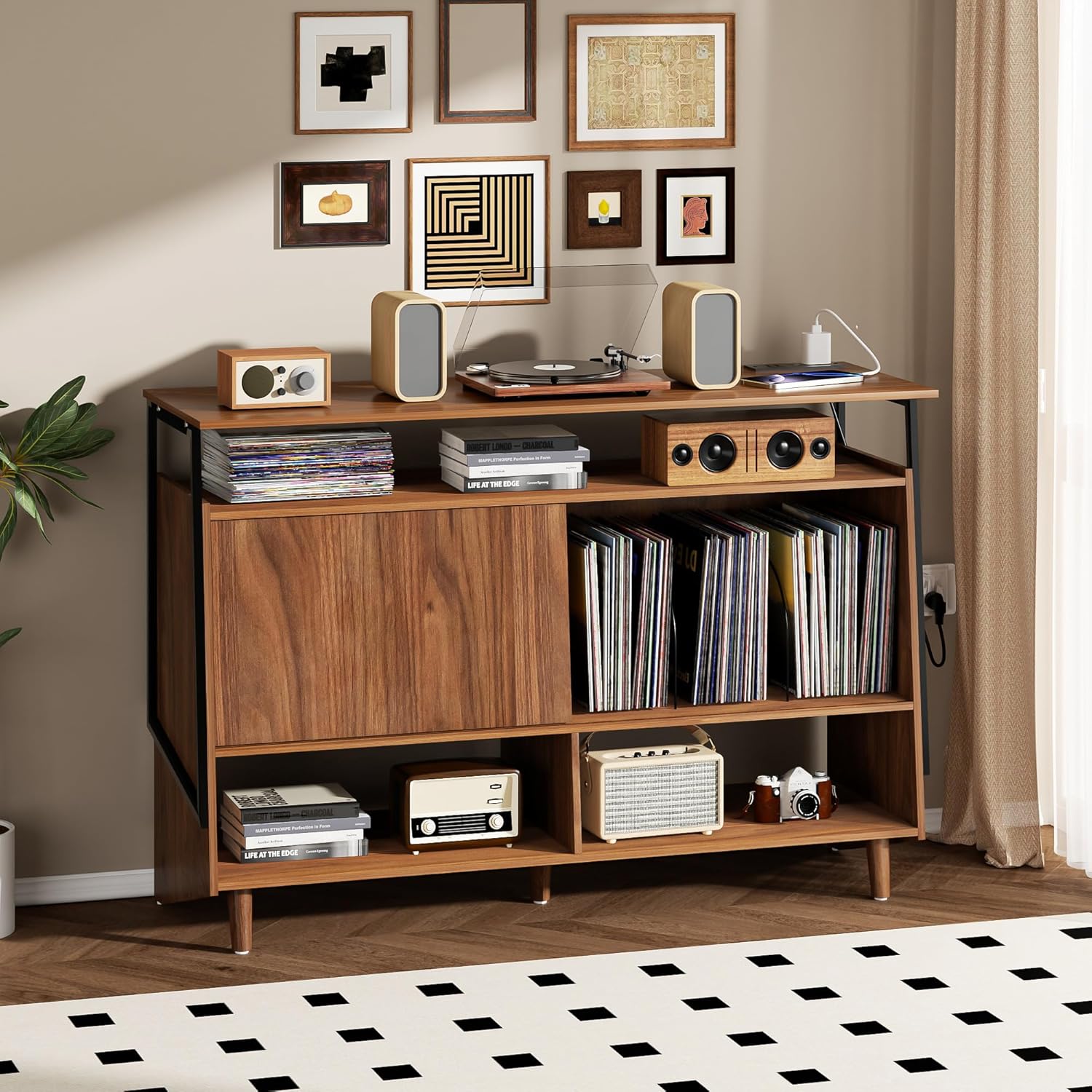 Large Record Player Stand with Charging Station, Vinyl Record Stand with Storage Holds Up to 150 Albums, Record Player Table Cabinet Turntable Stand for Living Room, Bedroom (Walnut)
