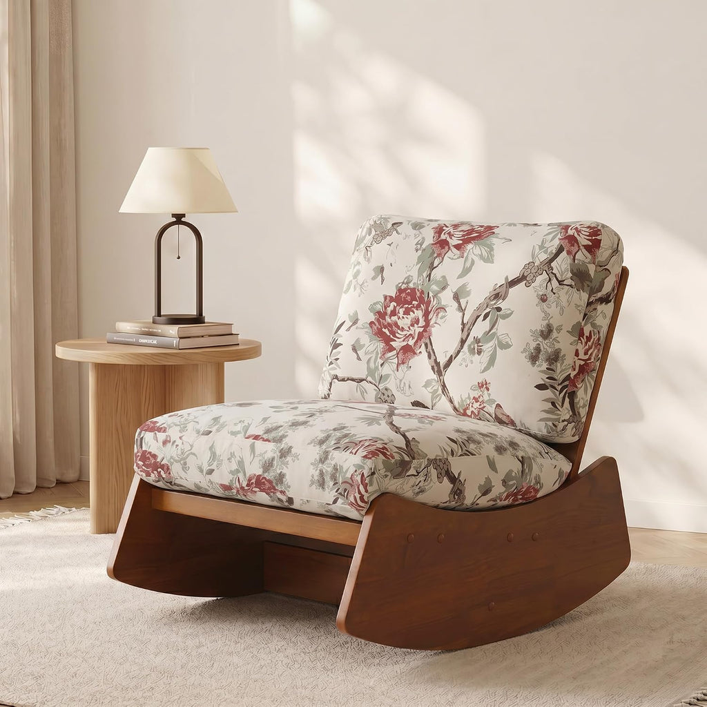 Mid-Century Modern Chenille Rocking Chair, Pattern White | Soft chenille upholstery | Sturdy solid wood base | Set of 1 | For nursery, living room, & bedroom
