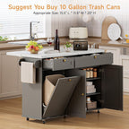 ONBRILL 60" Kitchen Island with Power Outlet & Drop Leaf, Rolling Island with Spice Rack & Towel Rack, Kitchen Island Cart with Trash Storage Cabinet, Island Table for Kitchen, Grey+Imitation Marble