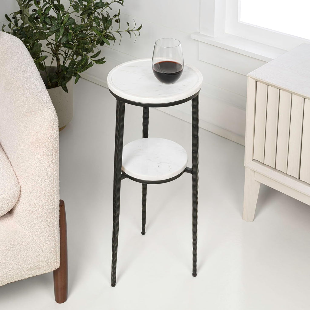 JONATHAN Y Seraphina Round White Marble and Metal Drink Table, 2-Tier Small Side End Table for Living Room and Small Spaces, Modern Martini Pedestal Accent with Textured Legs END3004A