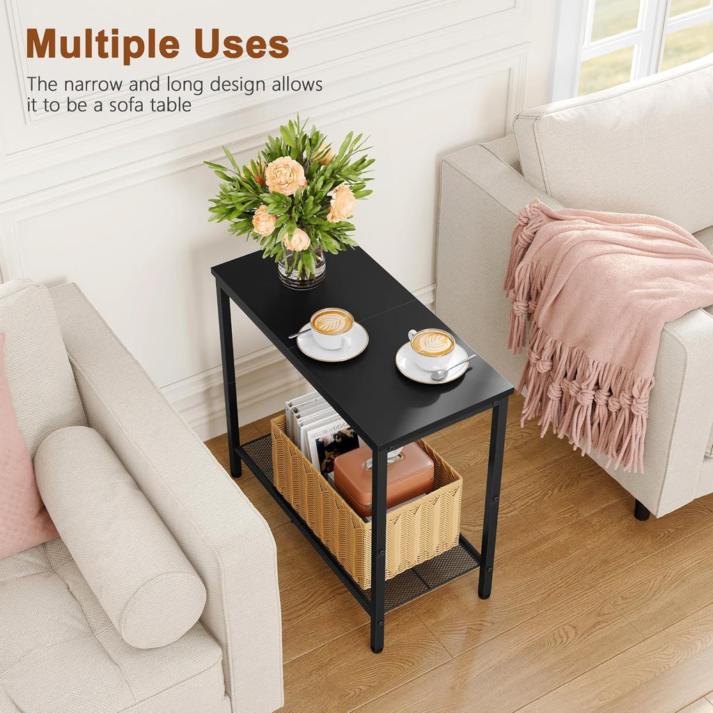 Hoctieon 2 Tier End Table, Sofa Side Table, Narrow Side Shelf with Storage, Slim Nightstand for Small Spaces, Metal Frame, for Living Room, Bedroom, Sofa Couch, Hall, Black, 2 Set