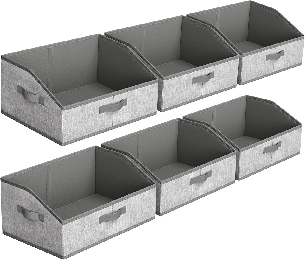 SONGMICS Set of 6 Storage Baskets, Foldable Storage Bins with Removable Dividers, Fabric Boxes, 15.7 x 11.8 x 7.9 Inches, Closet Organizers, 3 Handles, for Living Room, Cattail Gray URFB0140G01