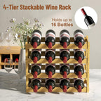 Nuovoware Bamboo Wine Rack, 4-Tier 16-Bottle with Wavy Groove, Wood Color | Sturdy Freestanding Countertop Shelf for Kitchen, Pantry, Dining Room, Basement, Bar, Wine Cellar