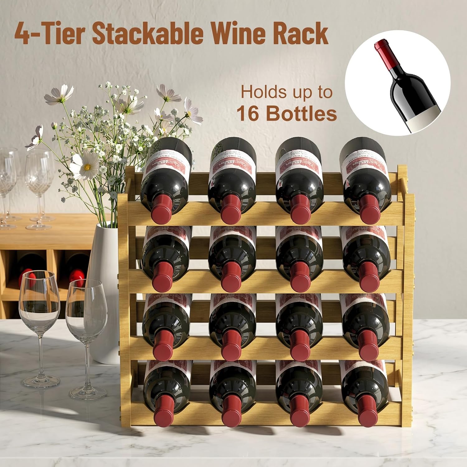 Nuovoware Bamboo Wine Rack, 4-Tier 16-Bottle with Wavy Groove, Wood Color | Sturdy Freestanding Countertop Shelf for Kitchen, Pantry, Dining Room, Basement, Bar, Wine Cellar
