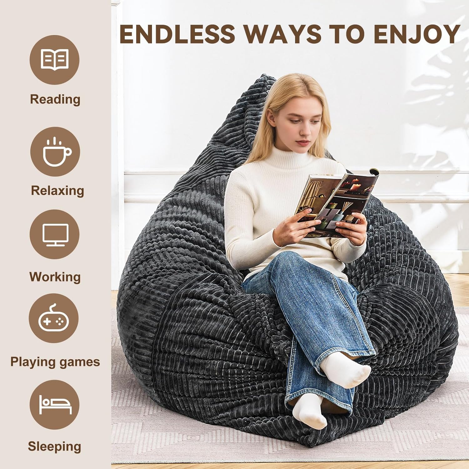 3 in 1 Giant Bean Bag Chair for Adults & Kids, Floor Futon Mattress, Couch & Floor Cushion, Comfy Reading Lounge Sofa, Soft Corduroy Washable Cover for Bedroom, Living Room & Dorm, Black