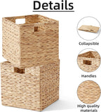 Water Hyacinth Storage Basket, Set of 2 Hand-Woven Wicker Baskets, Foldable Cube Storage Bins, Wicker Cube Laundry Organizer, Square Baskets for Organizing Shelves Decor, 12x12x12in
