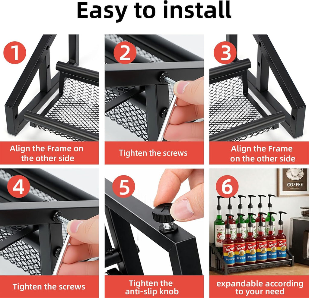 Expandable Coffee Syrup Organizer,3 in 1 Heavy Duty Syrup Rack, Liquor Bottle Display Shelf, Spice Racks,6-12 Syrup Bottles Holder Stand, Space-Saving Storage Rack - 2 Tier (Patent Pending)