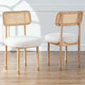 EYYTHUNG Rattan Wooden Dining Chair Set of 2 with Cane Curved Back, Farmhouse Upholstered Dining Room Chairs with Wood Legs, Boucle Armless Side Chair for Kitchen, Living Room, Natural Oak