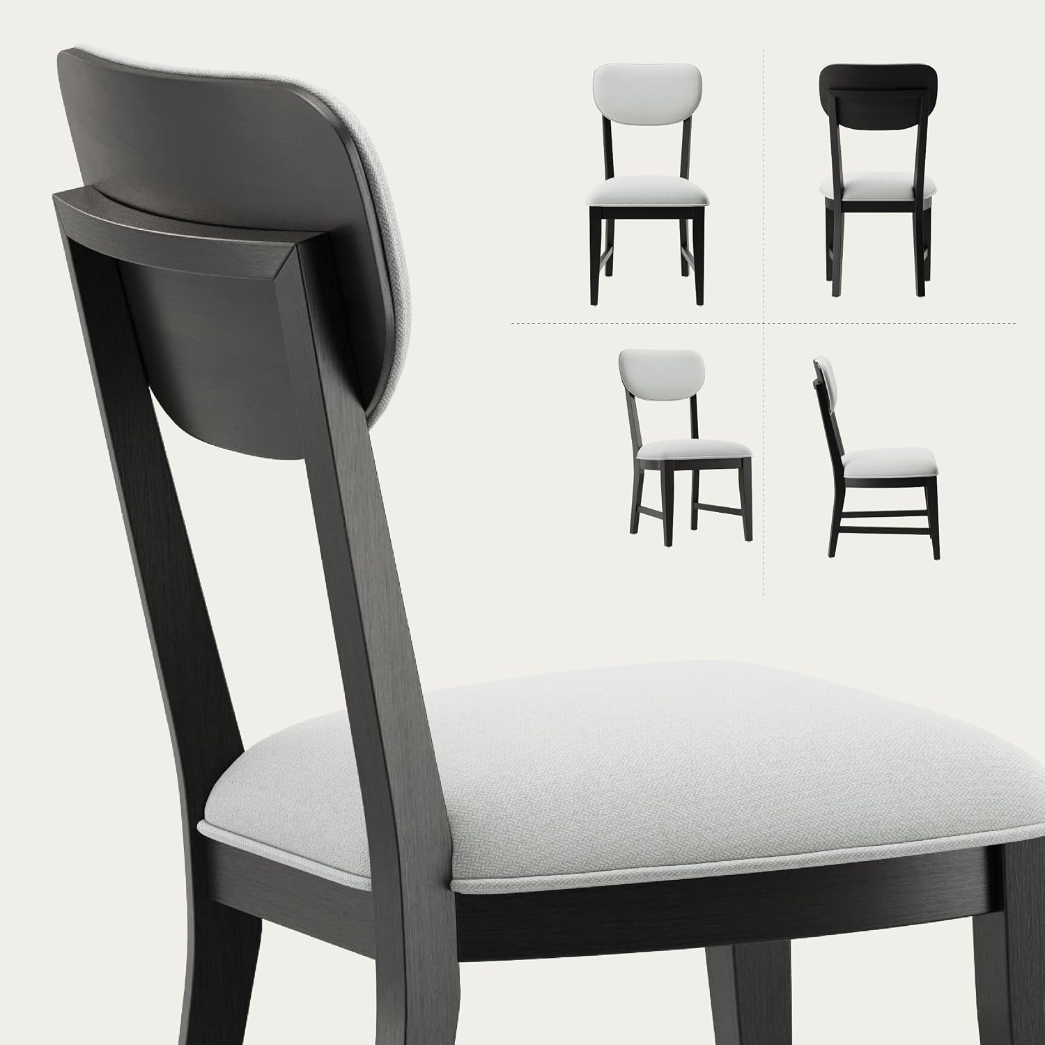 COLAMY Solid Wood Dining Chairs Set of 4, Mid Century Modern Upholstered Kitchen Chairs with 3.3" Thick Cushion, Farmhouse Dining Room Chairs with Level Legs & Wire-Brushed Finish, Black
