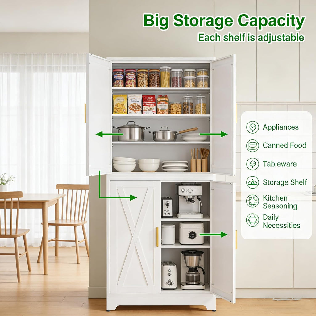 Modular Metal Storage Cabinet,75" White Stackable 2-in-1 Metal Cabinets with 4 Doors & 6 Adjustable Shelves,Freestanding Floor Storage for Kitchen,Home Office Living Room,Dining Room
