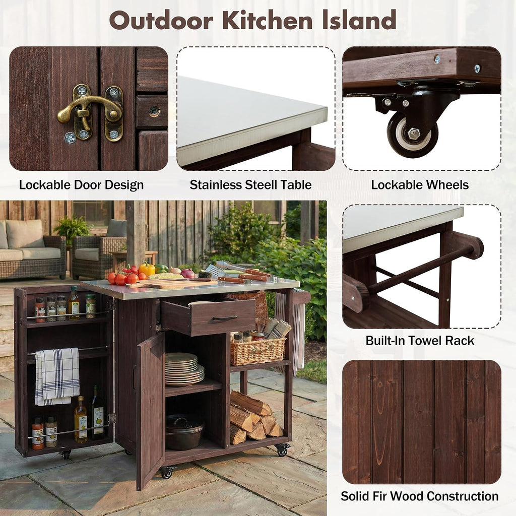40 Natural Fir Wood Garden Table for Planting, Planter Bench with Stainless Top, Outdoor Storage Cabinets with Lockable Wheels for Backyard Gardening, Dark Brown