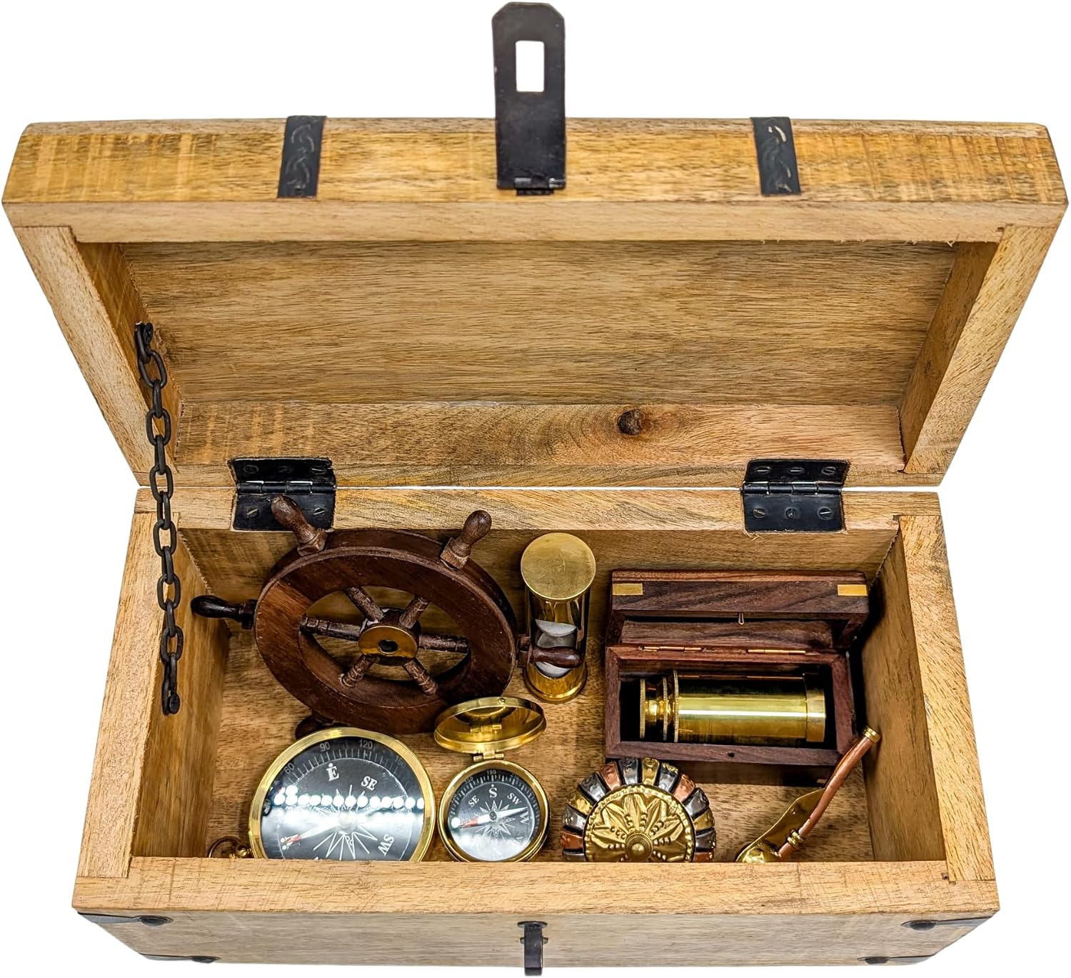Handmade Pirate Treasure Chest - Wooden Storage Box with Iron Lock & Skeleton Key - Rustic Decorative Jewelry, Toy, Geocache, or Keepsake Chest (Large 12.25 x 6.25 x 6)