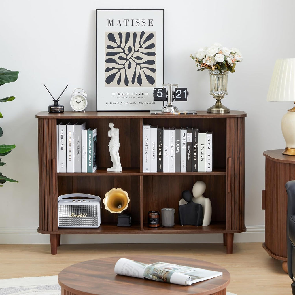 Fluted Sideboard Cabinet, Sideboard Buffet Cabinet with Storage and Sliding Doors, Modern Kitchen Storage Cabinet Coffee Bar Table for Living Room, Kitchen, Entryway (Walnut)