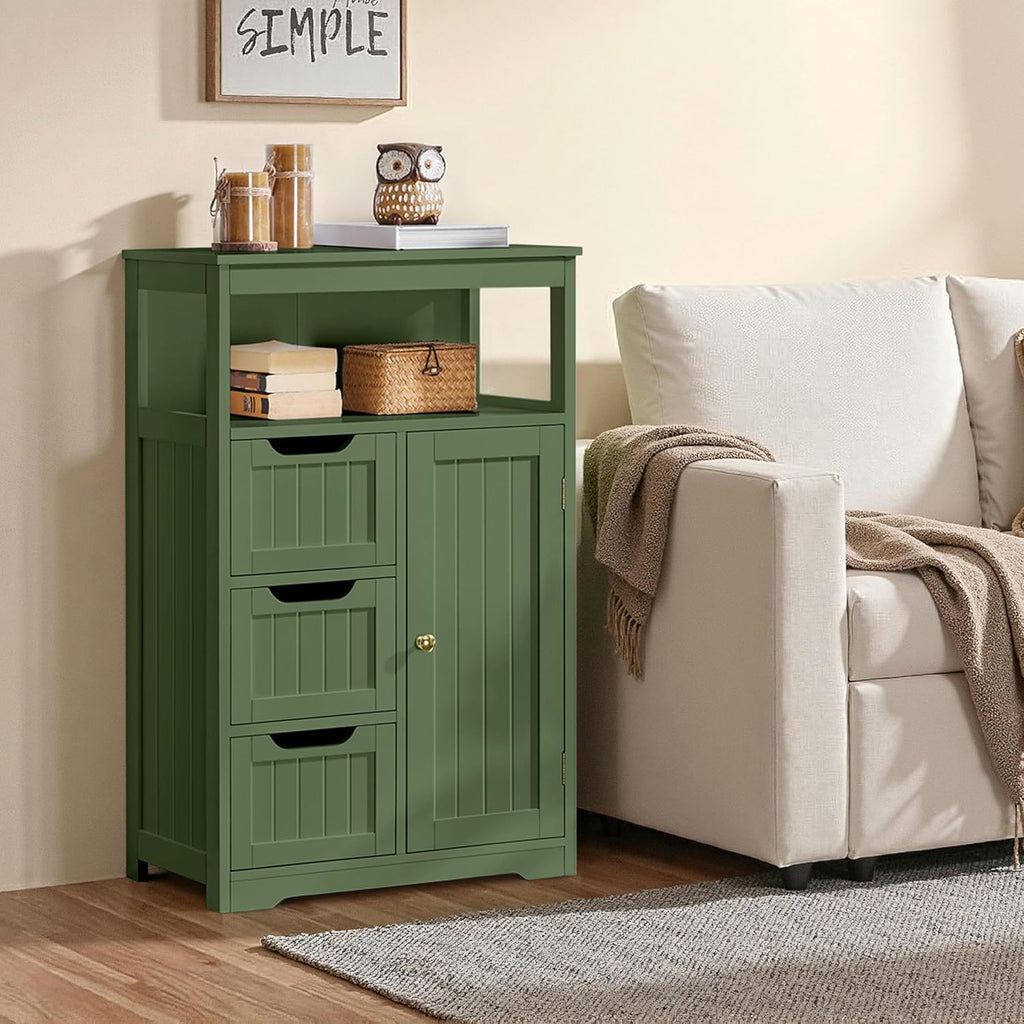 Yaheetech Bathroom Storage Cabinet, Storage Organizer with 1 Door and 3 Drawers, Adjustable Shelf, Free-Standing Floor Cabinet Cupboard for Kitchen/Living Room/Bathroom, Green