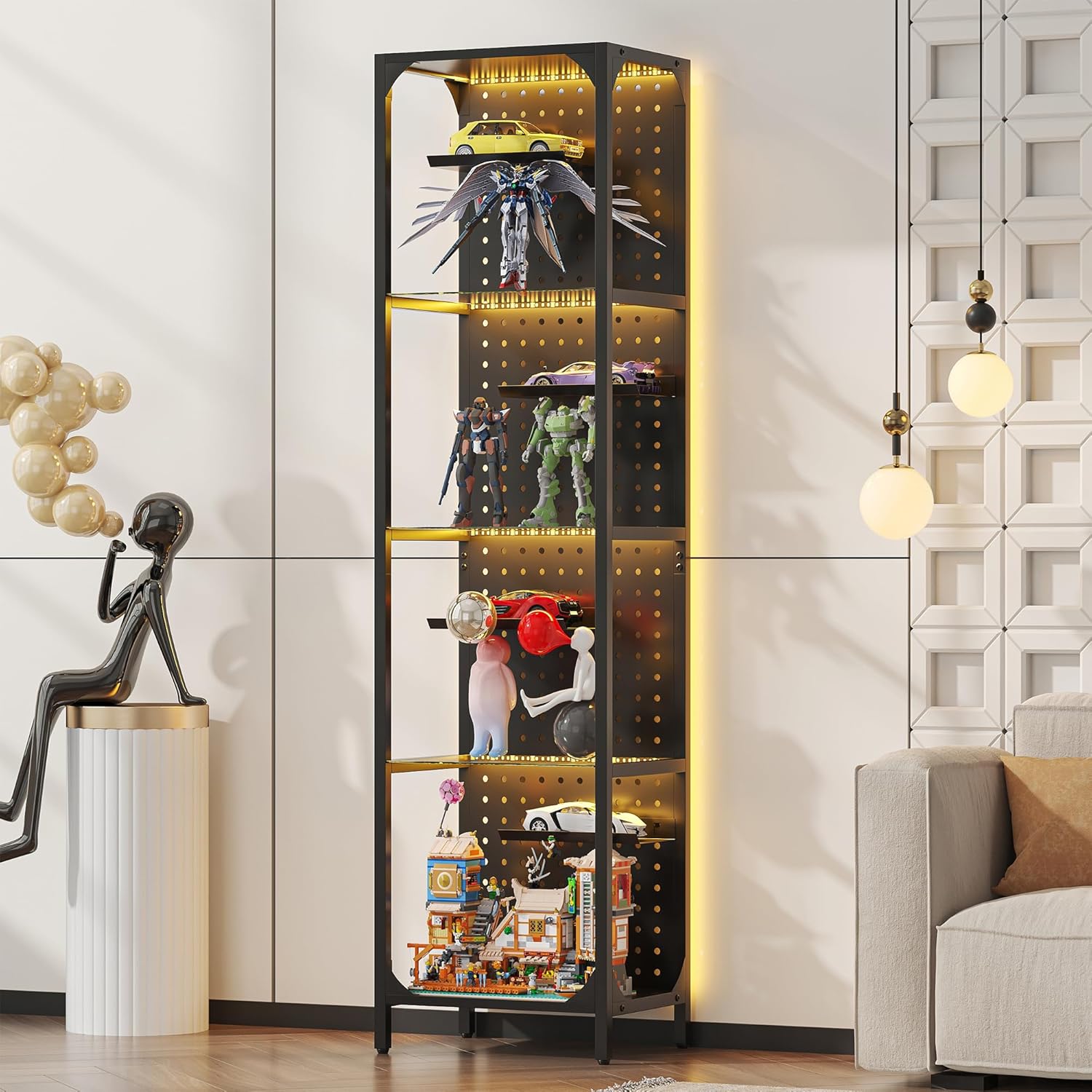 kepptory LED Display Shelf for Collectibles, 4-Tier Glass Shelf with Small Display Shelves and Pegboard Design, Tall Narrow Gaming Shelves with Anti-Tipping Device, Black (59 Inch)