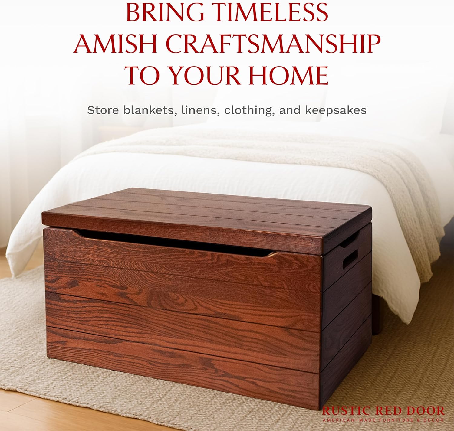 Amish Made Wooden Storage Chest Trunk Box with Lid and Handles for Bedroom, Blanket, Clothes, Anti-Slam Hinges, Handmade, Rustic, Oak Wood, Michaels Stain, 36"