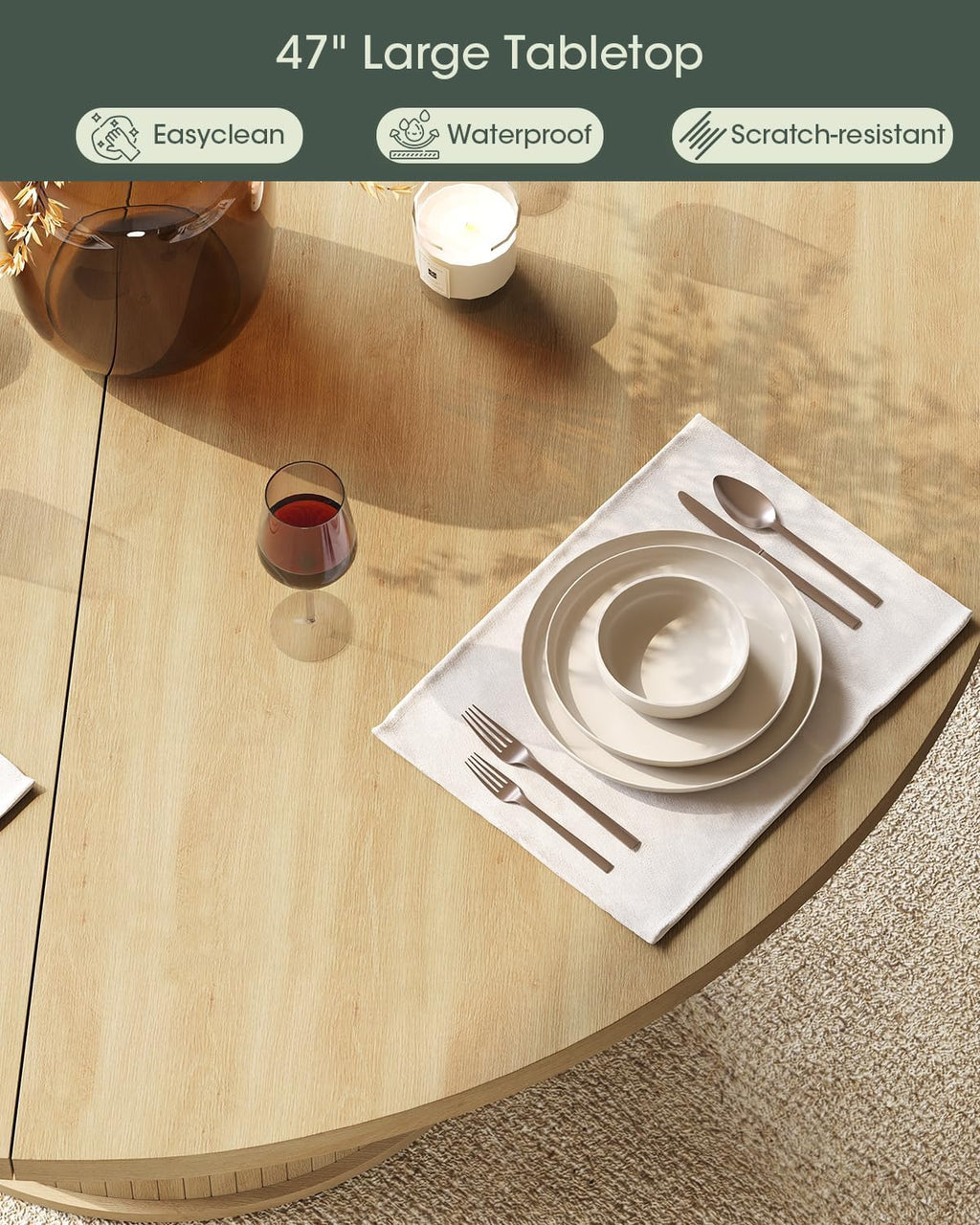 LINLUX 47-inch Round Dining Table with Storage, Modern Fluted Design Side Shelf for Dining Room, Kitchen, Perfect for 4-6 People (Natural Wood)