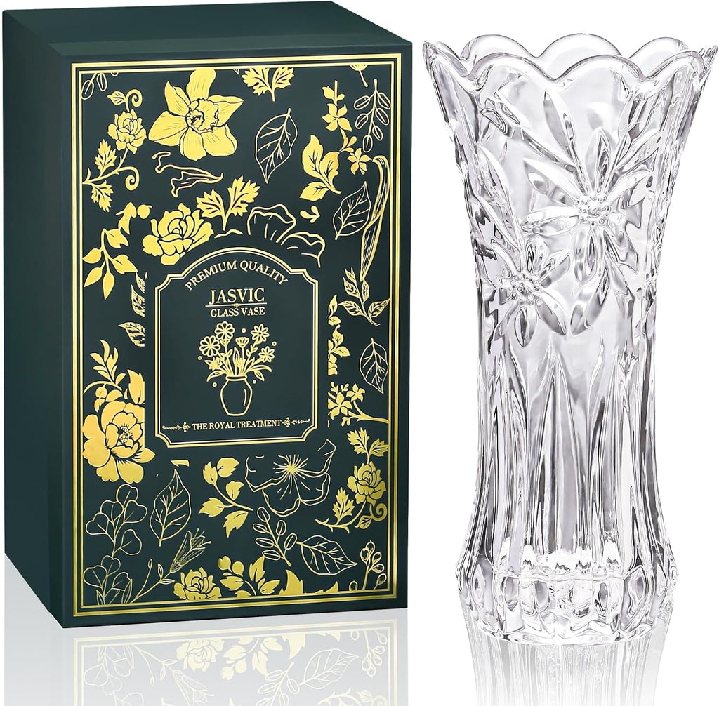 12" Glass Crystal Vase for Flowers with Luxury Gift Box, Elegant Tall Clear Vases for Mother's Day, Wedding, Valentine Gift, Large Floreros Centerpieces for Living Room Home Décor