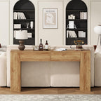 Farmhouse Console Table with LED Light and 2 Drawers, 55 inch Long Sofa Table Behind Couch, Narrow Entry Table for Entryway, Hallway, Entrance, Living Room, Natural Oak