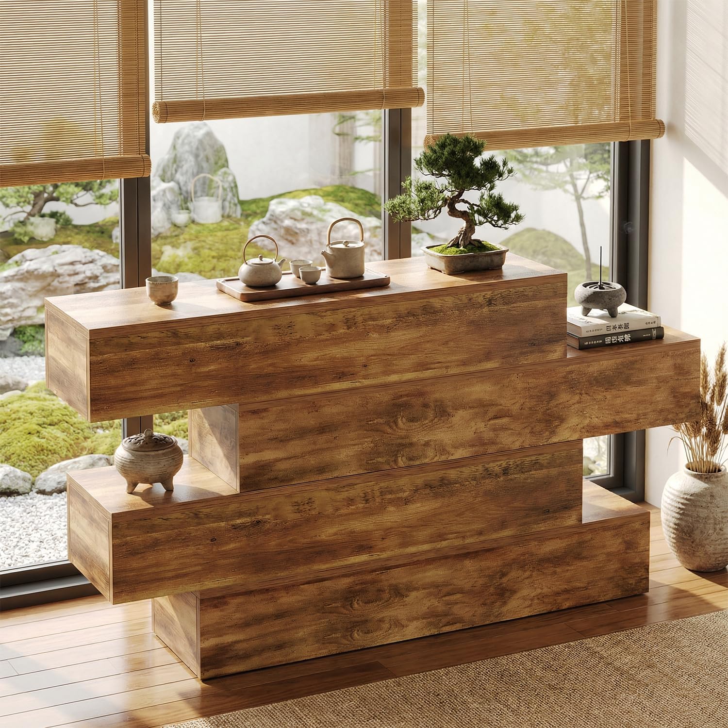 knoworld 63 Inch Farmhouse Console Table with 4 Tier Storage, Rustic Wooden Sofa Table Behind Couch, Unique Staggered Entryway Table for Living Room, Long Hallway Foyer Table, Walnut