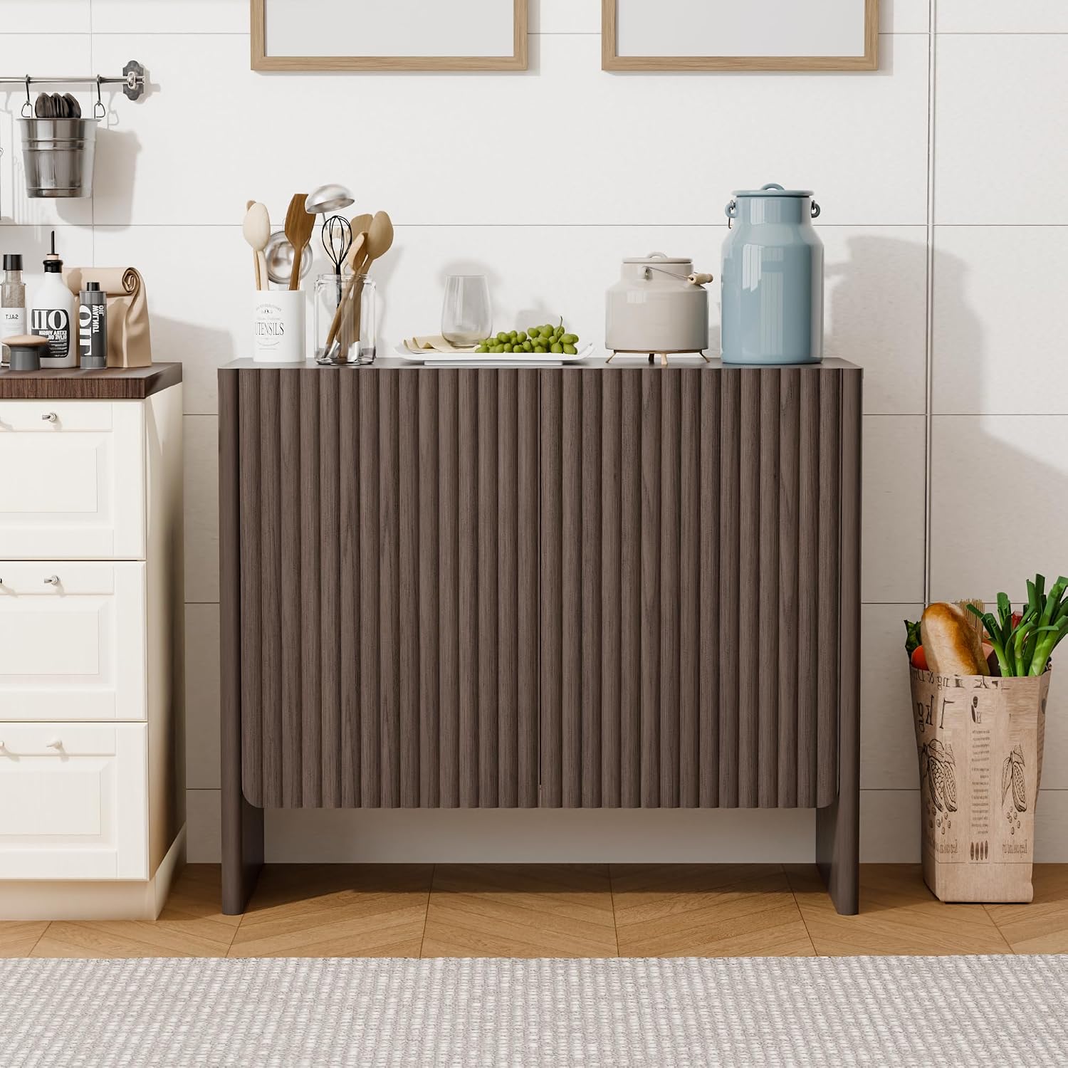Fluted Sideboard Buffet Cabinet with Storage, 2-Door Wood Entryway Table with Curved Legs & Adjustable Shelves, Coffee Bar Cabinets for Living Room, Kitchen & Bedroom (Dark Walnut)