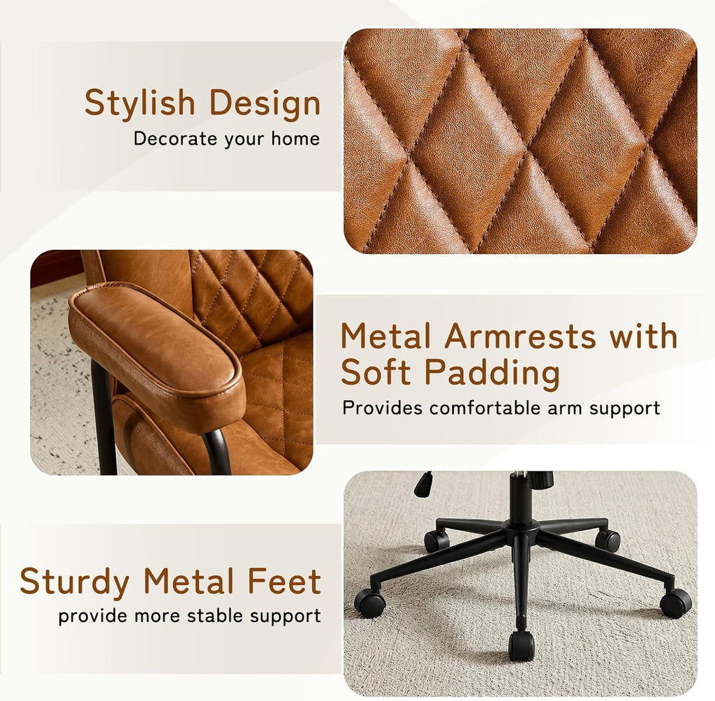 Furniliving Leather Office Chair, Comfy Home Office Desk Chair, Mid Century Modern Office Chair with Lumbar Support, Mid-Back Adjustable Swivel Computer Chair with Wheels and Arms, Brown