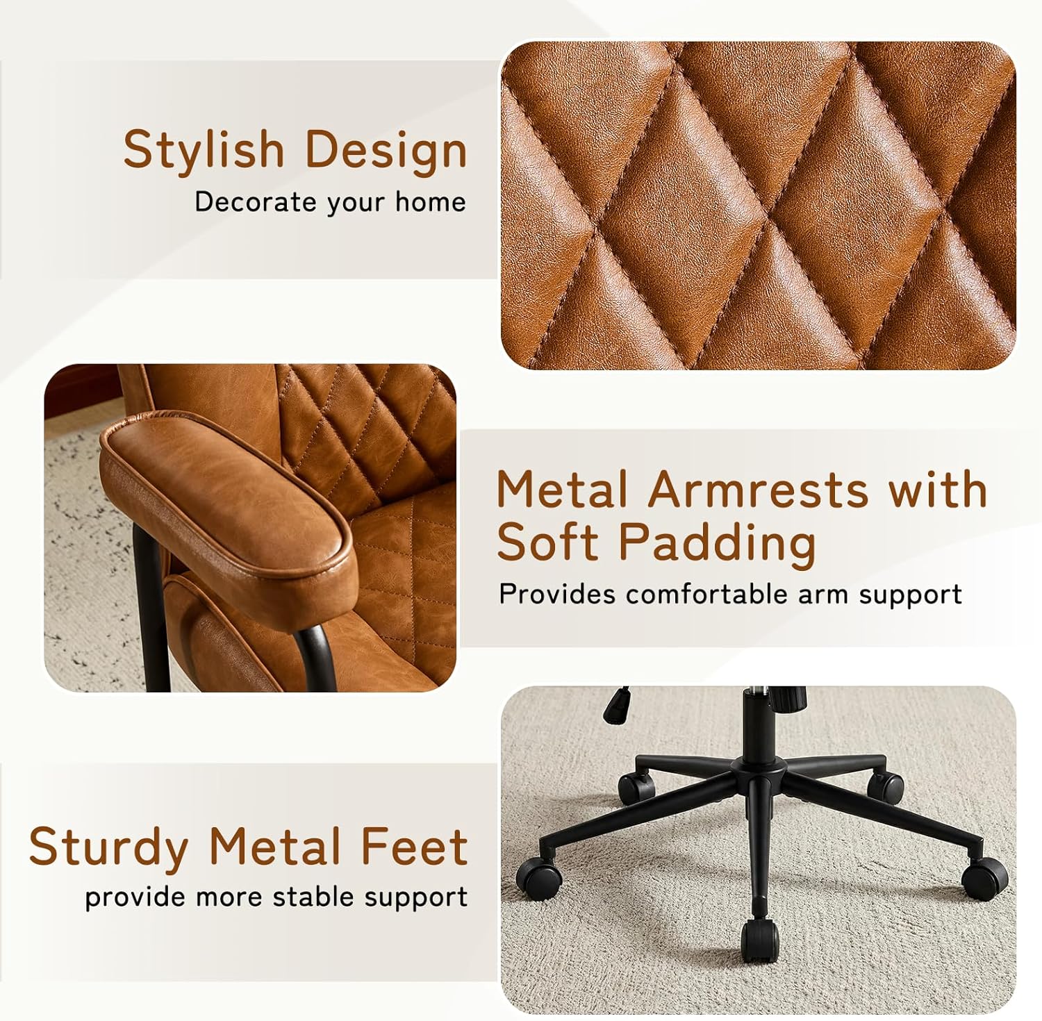 Furniliving Leather Office Chair, Comfy Home Office Desk Chair, Mid Century Modern Office Chair with Lumbar Support, Mid-Back Adjustable Swivel Computer Chair with Wheels and Arms, Brown