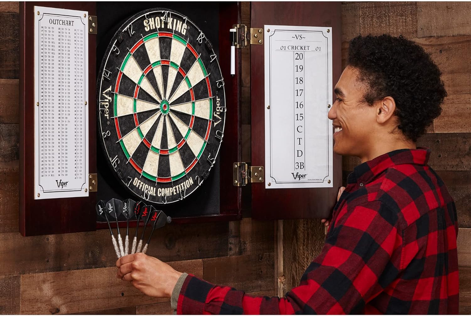 Viper Hudson Solid Wood Cabinet for Sisal/Bristle Steel Tip Dartboard with Dry Erase Scoreboard and Out-Chart, Mahogany Finish
