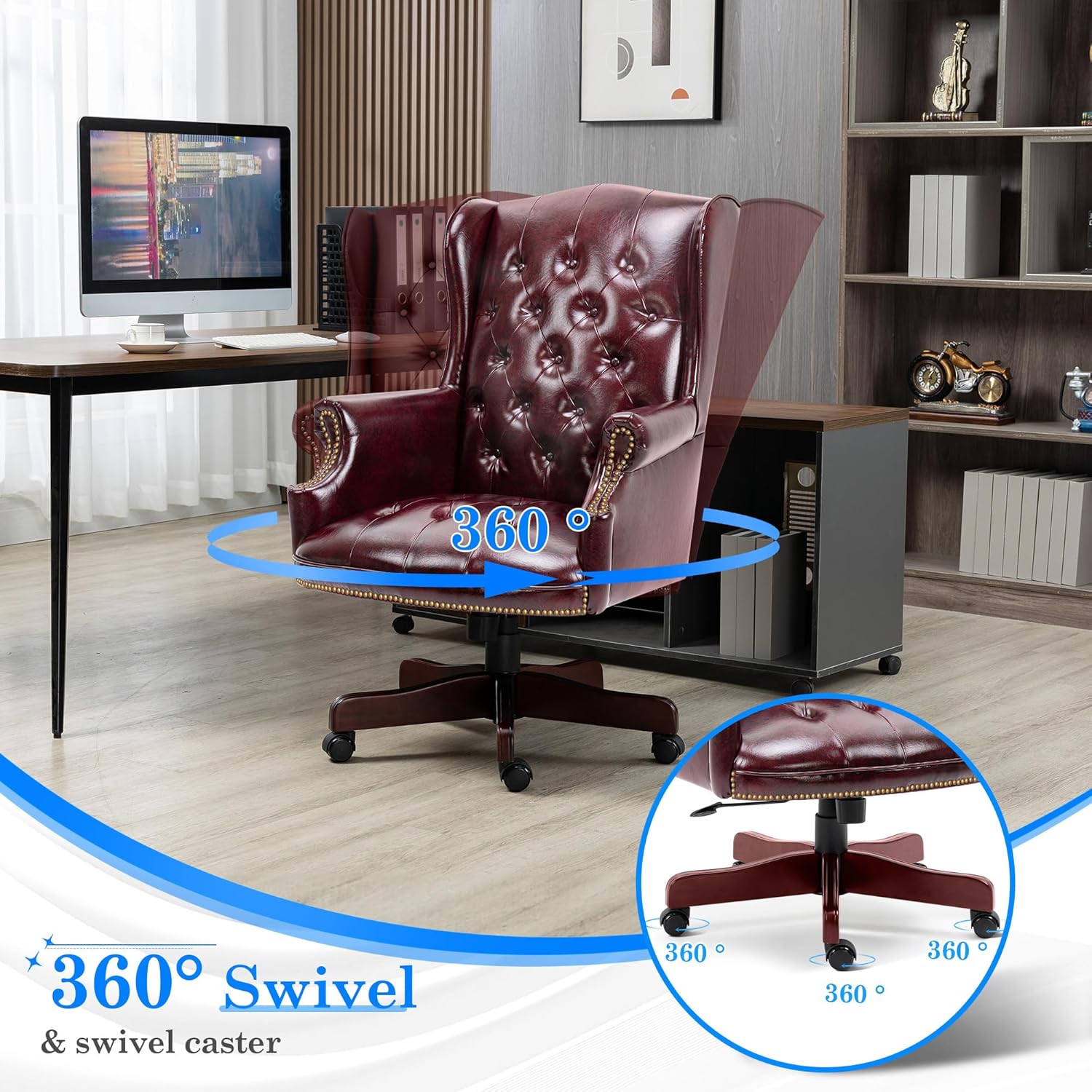 Big and Tall Executive Office Chair, Ergonomic 360° Swivel Recliner Chair, Retro Burgundy Faux Leather Home Office Desk Chairs w/Tufted Wingback Comfy Luxury Heavy Duty 500 Lb & Height Adjustable