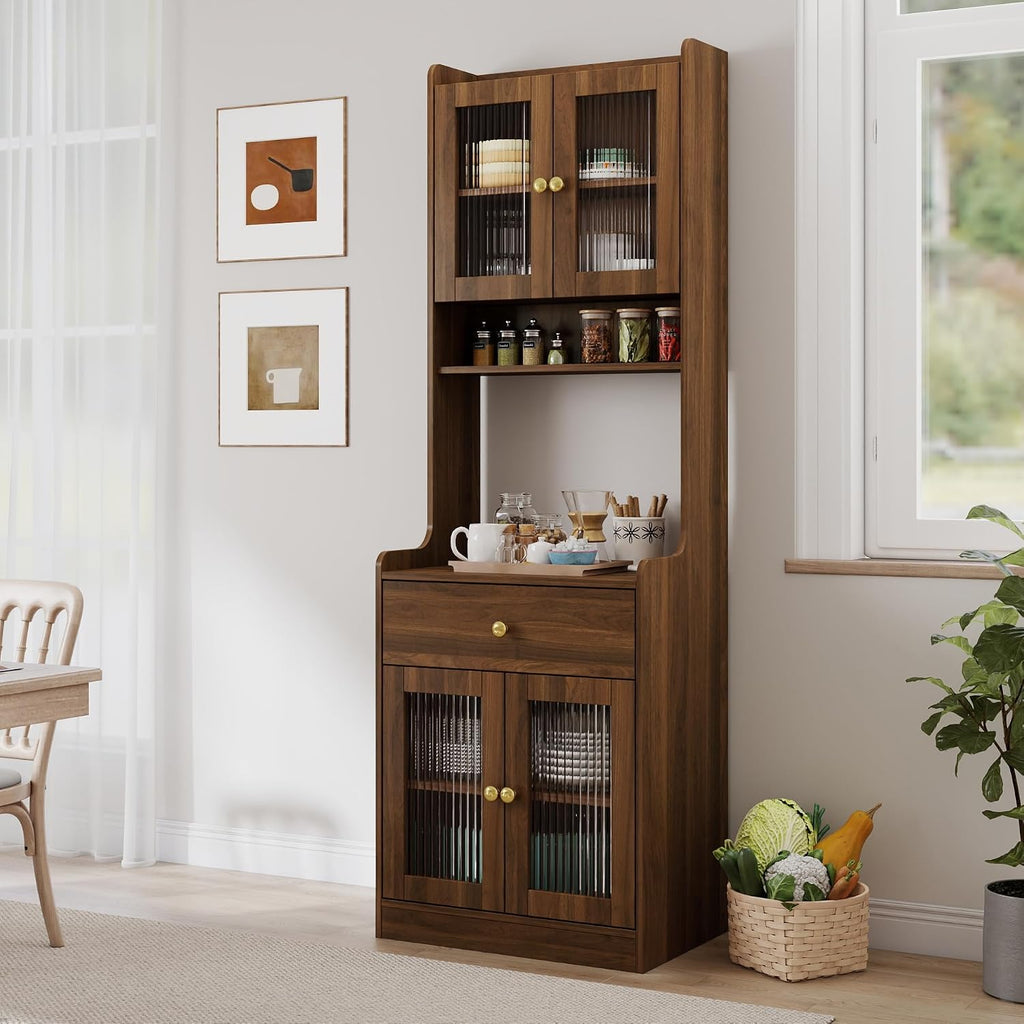 Dancongtea Kitchen Pantry Hutch Storage Cabinet Farmhouse Buffet Sideboard with Microwave Stand and Cable Management Walnut for Kitchen Dining Room Coffee Bar