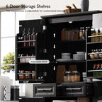 SOFTSEA Kitchen Pantry Cabinet with 6 Door Shelves and 2 Drawers, Farmhouse Embossed Texture Cupboard Cabinet with 3 Pull Out Organizers, Kitchen Hutch for Dining Room Living Room, Black