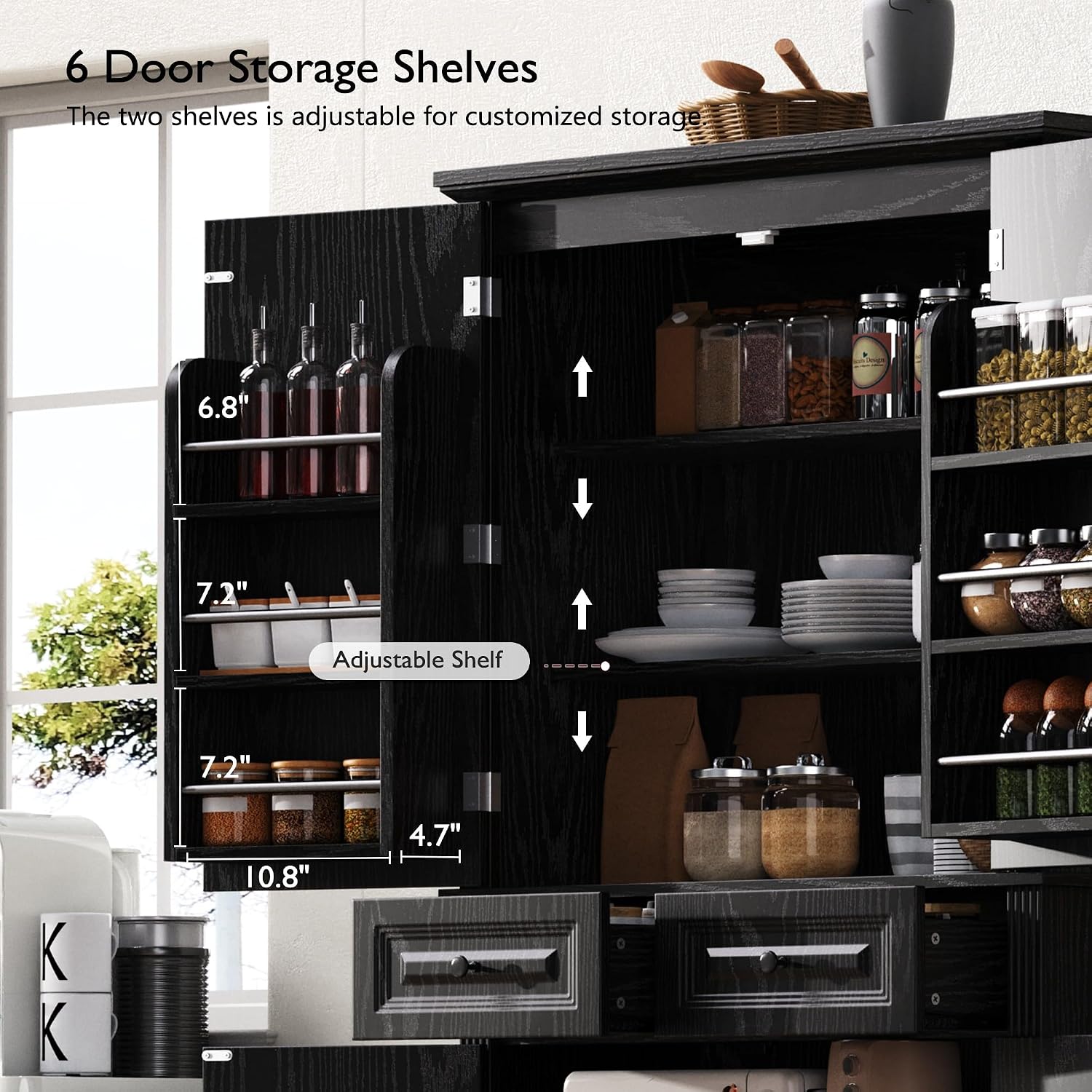 SOFTSEA Kitchen Pantry Cabinet with 6 Door Shelves and 2 Drawers, Farmhouse Embossed Texture Cupboard Cabinet with 3 Pull Out Organizers, Kitchen Hutch for Dining Room Living Room, Black