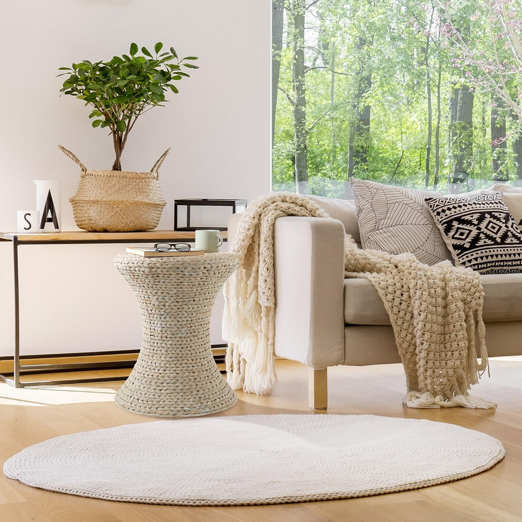 Casafield Hourglass Side Table, Whitewash White, Water Hyacinth Round End Table, Boho Woven Wicker Accent for Bedroom, Living Room, Office, Entryway