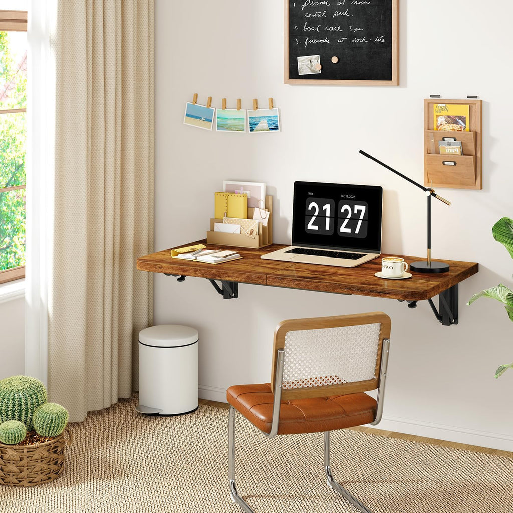 IBUYKE Wall Mounted Folding Table, Floating Wall Desk for Small Spaces, Fold Down Laundry Shelf with Heavy-Duty Brackets, Wall Table for Home Office/Bar/Kitchen/Dining, Rustic Brown UTVT005H