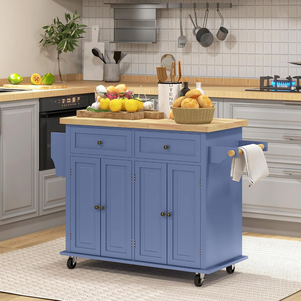 HOMCOM Kitchen Island Cart with Solid Wood Top, 44" Mobile Kitchen Island Table on Wheels with Storage Cabinets, 2 Drawers, Adjustable Shelves, Spice Rack & Towel Bar for Dining Room, Navy Blue