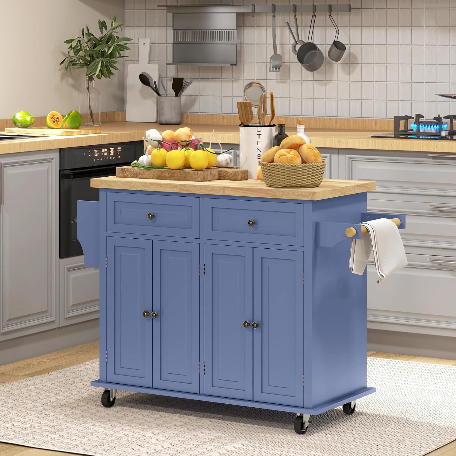 HOMCOM Kitchen Island Cart with Solid Wood Top, 44" Mobile Kitchen Island Table on Wheels with Storage Cabinets, 2 Drawers, Adjustable Shelves, Spice Rack & Towel Bar for Dining Room, Navy Blue