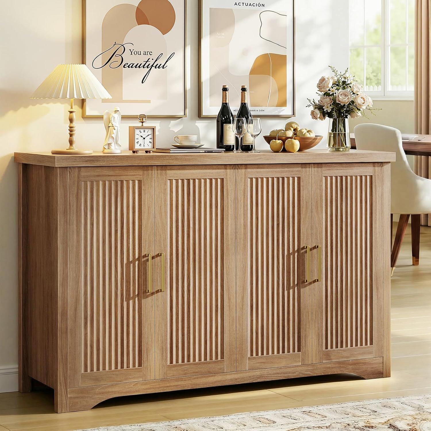 Memobarco Fluted Buffet Cabinet with Storage（55.59" W Accent Sideboard Cabinet Modern Credenza with Doors & Adjustable Shelves Modular Coffee Bar Media Console for Dining Room Entryway,Natural Oak