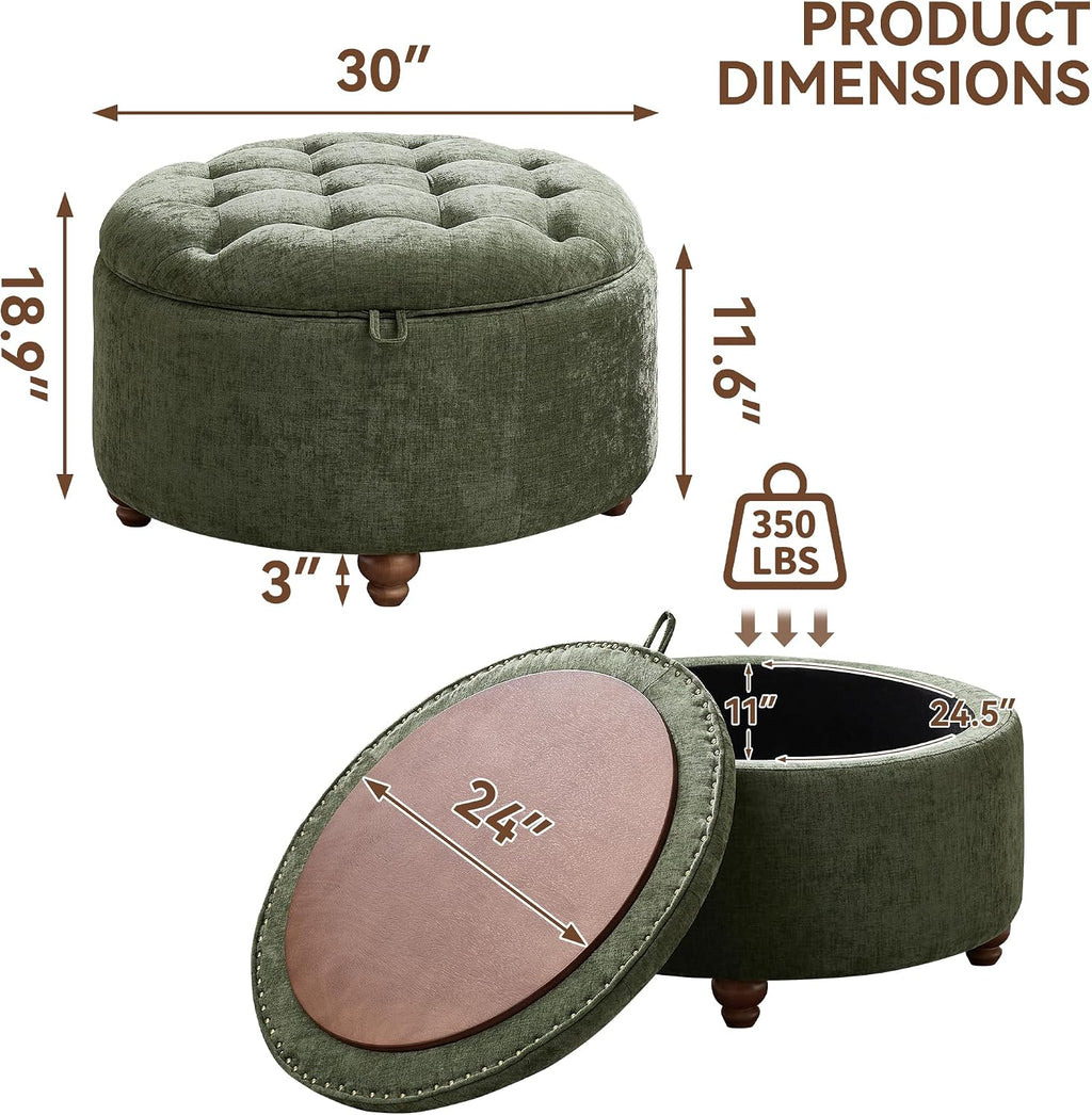 WUTUTUEE 30Inch Round Storage Ottoman with Tray, Modern Tufted Circle Coffee Table with Storage, Upholstered Ottoman with Removable Top for Living Room, Bedroom, Chenille Green